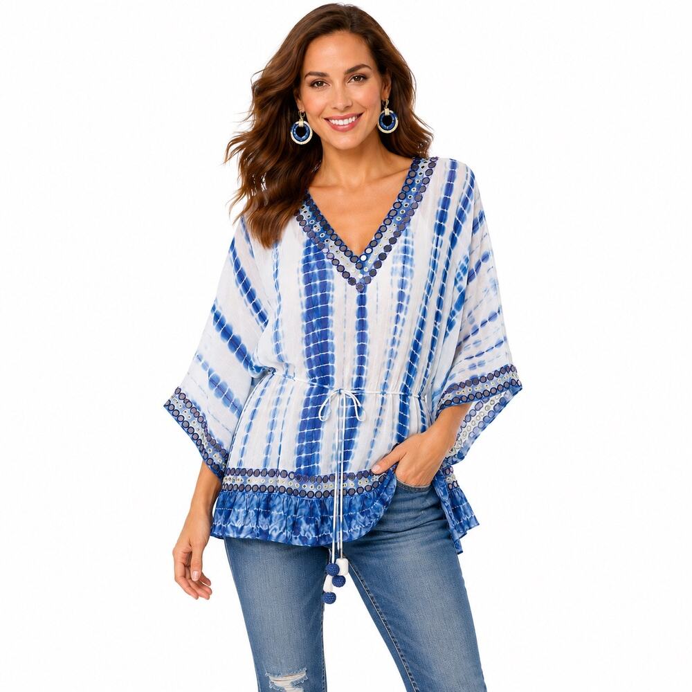 NEW Boston Proper Tie Dye Tunic Top Blue White Mirror Trim Boho Resort M